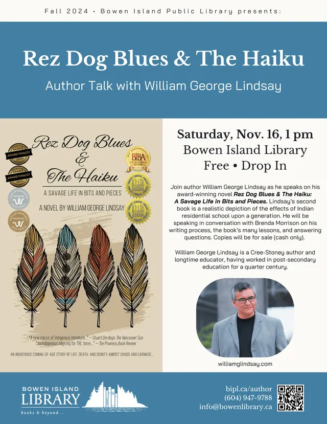 Poster for an author talk with William George Lindsay at Bowen Island Library, Saturday November 16