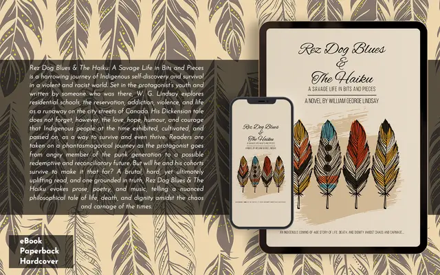 The book shown on a tablet and phone over a feather pattern