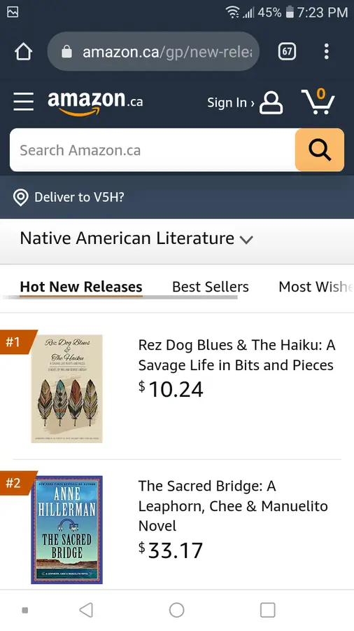 Amazon.ca listing showing the book at #1 in Hot New Releases, Native American Literature