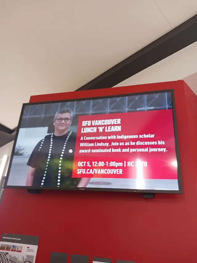 Screen announcing SFU Vancouver Lunch 'n' Learn: A Conversation with Indigenous scholar William Lindsay, October 5